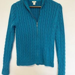 L.L. Bean women’s small teal cable knit sweater. Excellent pre-owned condition.